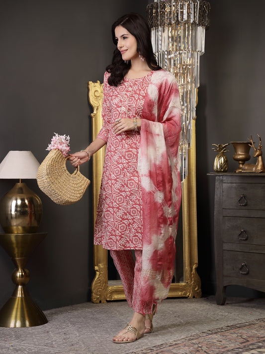 Stylum Women's Pink Ethnic Printed Cotton Blend Straight Kurta Pant Dupatta Set (KPDPINKJUNA)