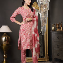 Stylum Women's Pink Ethnic Printed Cotton Blend Straight Kurta Pant Dupatta Set (KPDPINKJUNA)
