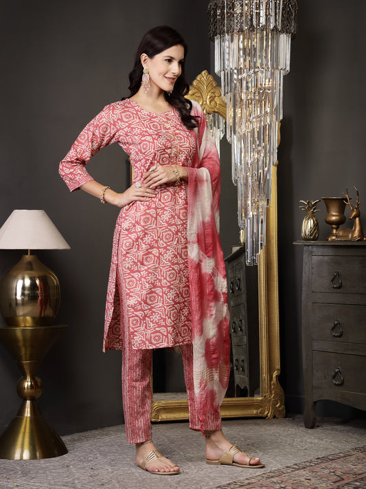 Stylum Women's Pink Ethnic Printed Cotton Blend Straight Kurta Pant Dupatta Set (KPDPINKJUNA)