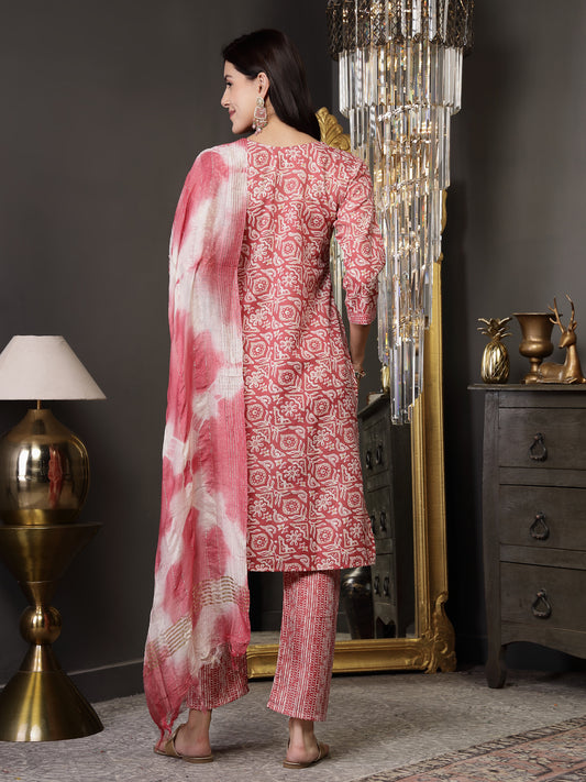 Stylum Women's Pink Ethnic Printed Cotton Blend Straight Kurta Pant Dupatta Set (KPDPINKJUNA)