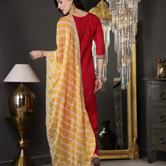 Stylum Women's Lehariya Print & Embroidered Muslin Straight Kurta Pant Dupatta Set (KPDPINKKASTURI)