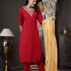 Stylum Women's Lehariya Print & Embroidered Muslin Straight Kurta Pant Dupatta Set (KPDPINKKASTURI)