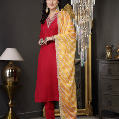 Stylum Women's Lehariya Print & Embroidered Muslin Straight Kurta Pant Dupatta Set (KPDPINKKASTURI)