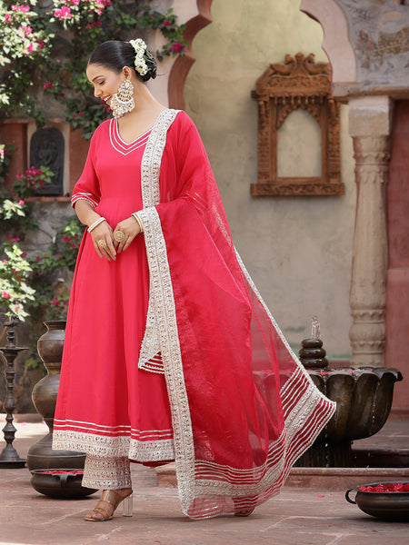 Stylum Women's Solid Rayon Anarkali Kurta Pant & Dupatta Set (KPDPINKKIVI)