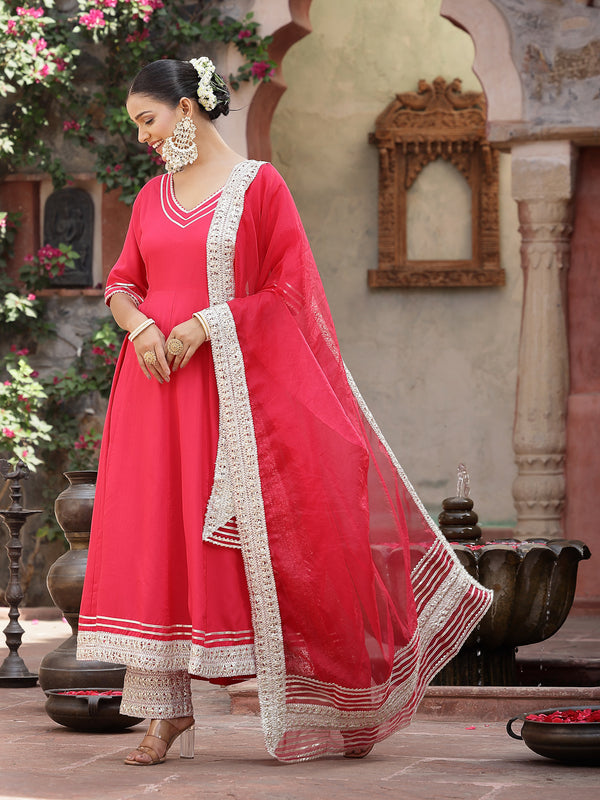 Stylum Women's Solid Rayon Anarkali Kurta Pant & Dupatta Set (KPDPINKKIVI)