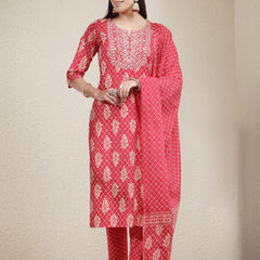 Stylum Women's Printed & Embroidered Rayon Straight Kurta Pant Dupatta Set (KPDPINKKOHLI)