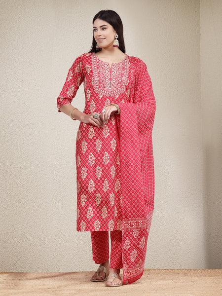 Stylum Women's Printed & Embroidered Rayon Straight Kurta Pant Dupatta Set (KPDPINKKOHLI)