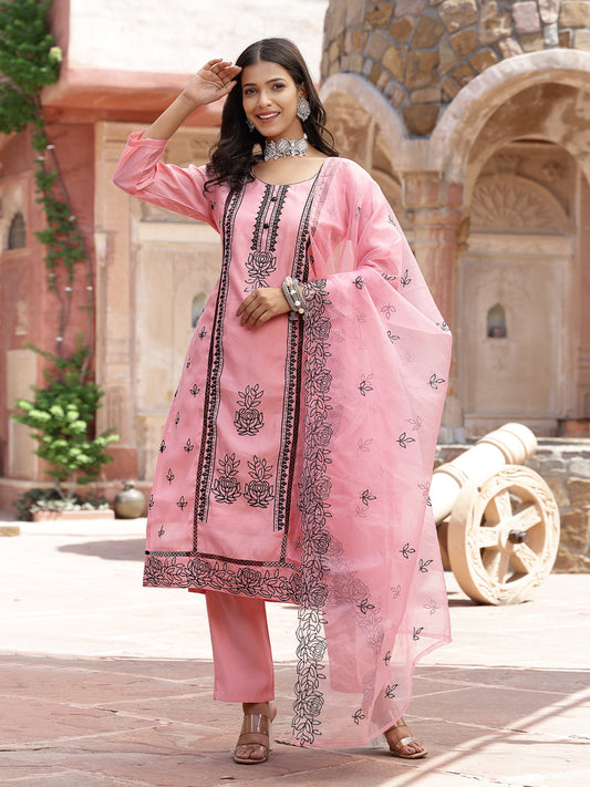 Stylum Women's Pink Pakistani Solid & Embroidered Silk Blend Straight Kurta Pant Dupatta (KPDPINKLEE)