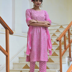 Stylum Women's Bandhej Printed Rayon Kurta Pant Dupatta Set (KPDPINKLEMON)