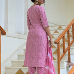 Stylum Women's Bandhej Printed Rayon Kurta Pant Dupatta Set (KPDPINKLEMON)