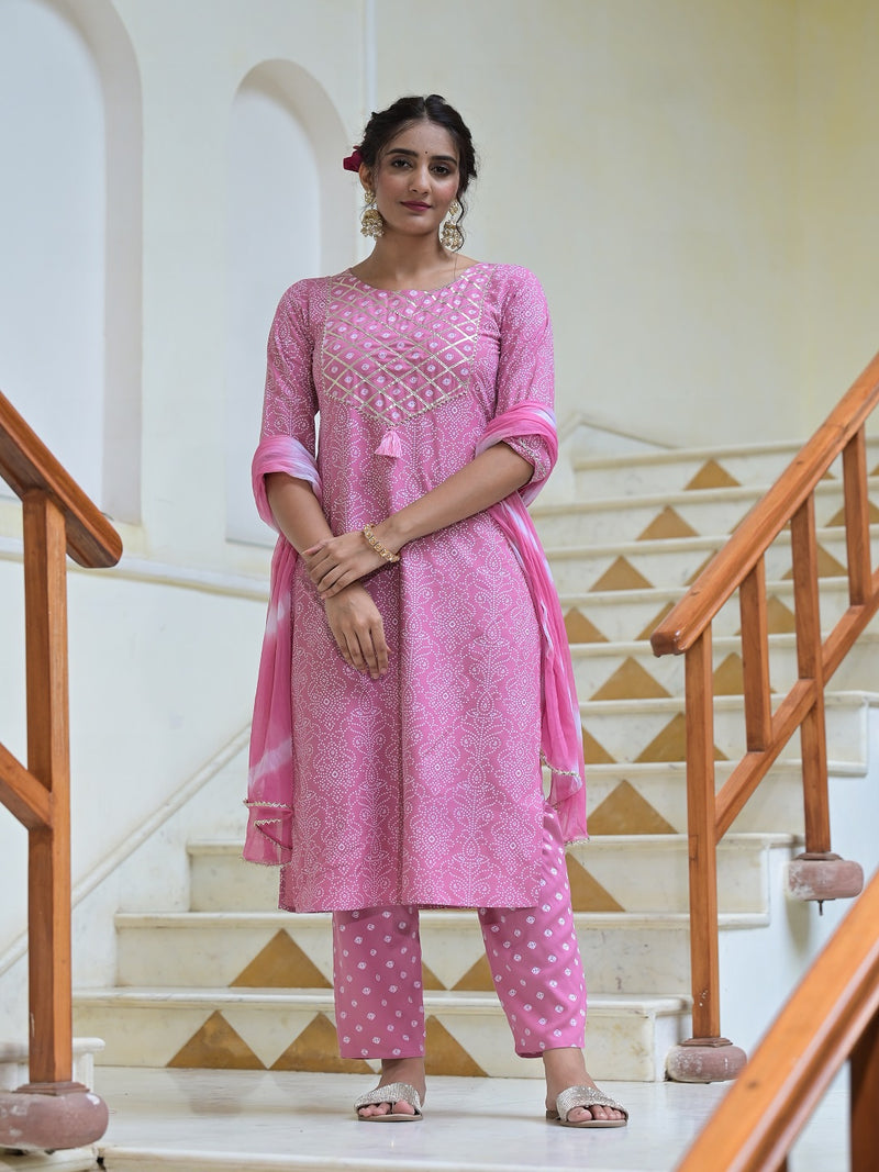 Pink Rayon Kurta Pant Dupatta Set