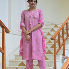 Pink Rayon Kurta Pant Dupatta Set