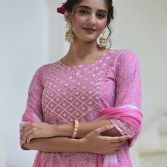 Stylum Women's Bandhej Printed Rayon Kurta Pant Dupatta Set (KPDPINKLEMON)