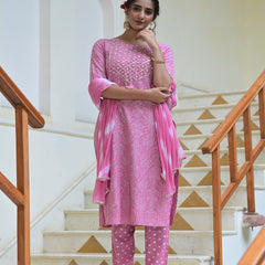 Stylum Women's Bandhej Printed Rayon Kurta Pant Dupatta Set (KPDPINKLEMON)