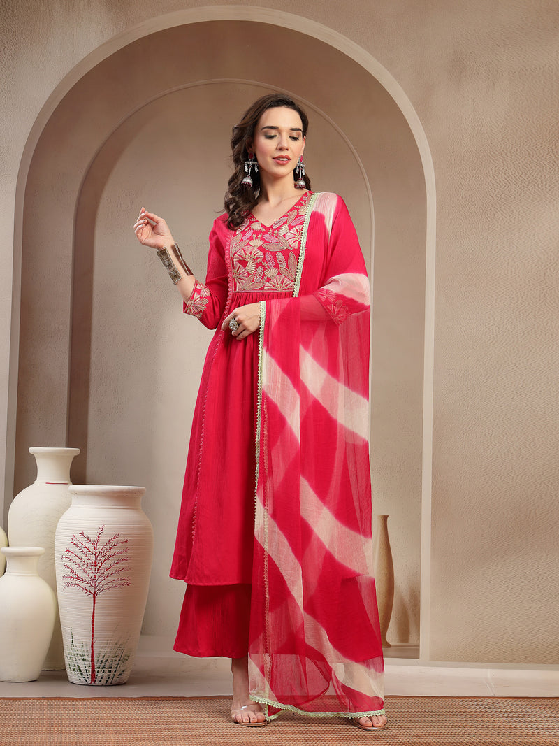 Stylum Women's Pink Solid & Embroidered Crepe A-Line Kurta Palazzo Dupatta Set (KPDPINKMALA)
