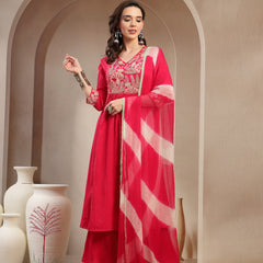 Stylum Women's Pink Solid & Embroidered Crepe A-Line Kurta Palazzo Dupatta Set (KPDPINKMALA)