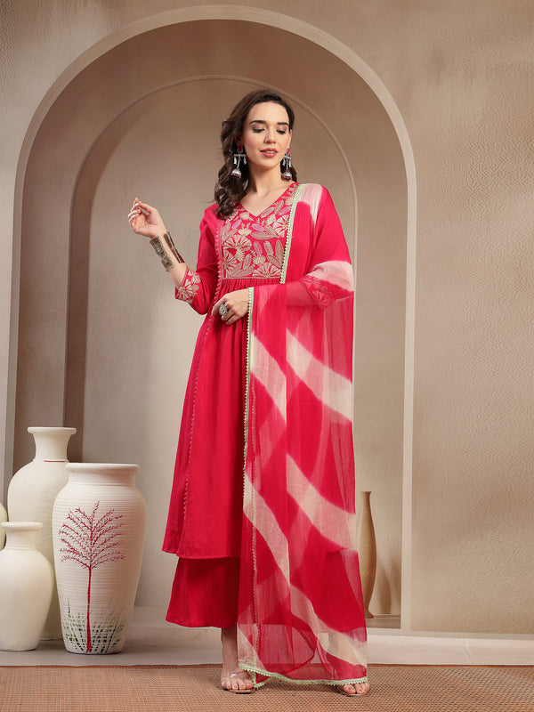 Stylum Women's Pink Solid & Embroidered Crepe A-Line Kurta Palazzo Dupatta Set (KPDPINKMALA)
