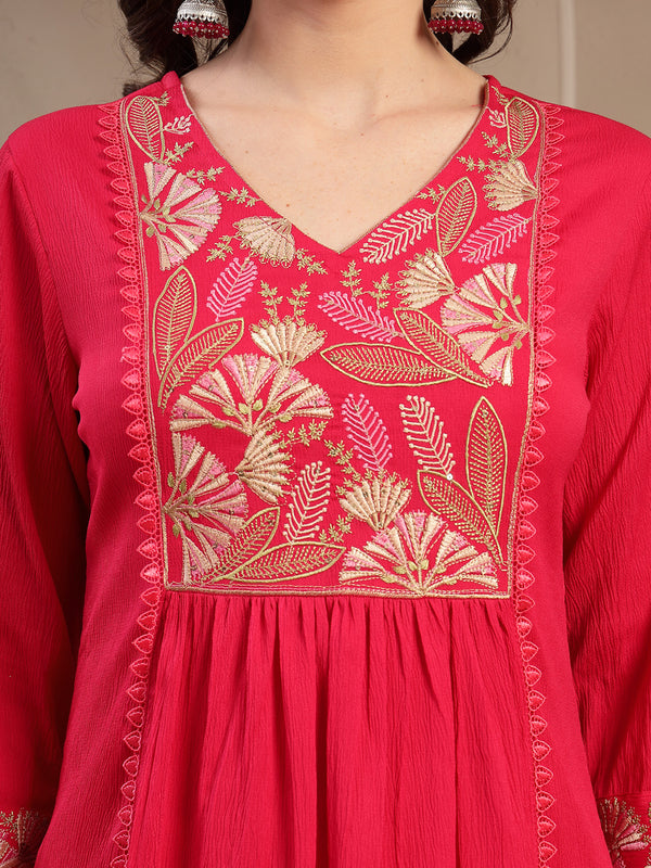Stylum Women's Pink Solid & Embroidered Crepe A-Line Kurta Palazzo Dupatta Set (KPDPINKMALA)