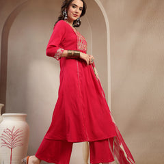 Stylum Women's Pink Solid & Embroidered Crepe A-Line Kurta Palazzo Dupatta Set (KPDPINKMALA)