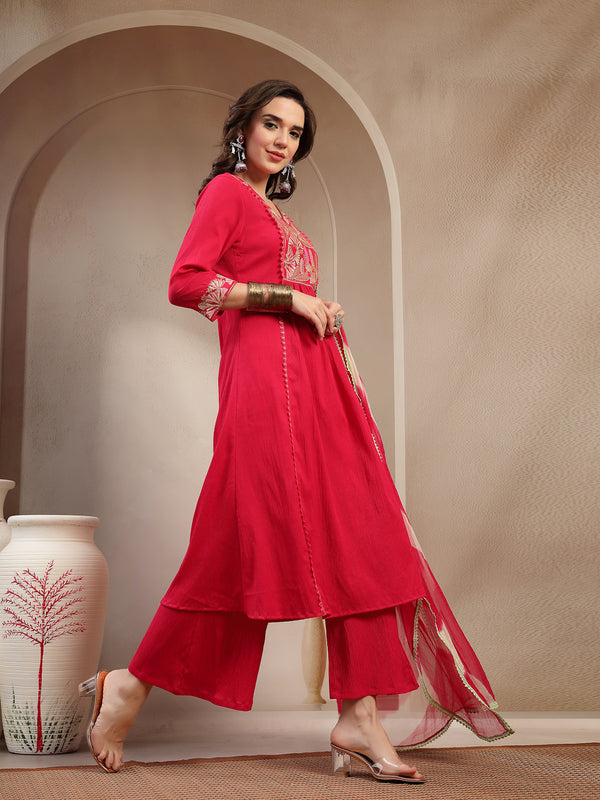 Stylum Women's Pink Solid & Embroidered Crepe A-Line Kurta Palazzo Dupatta Set (KPDPINKMALA)