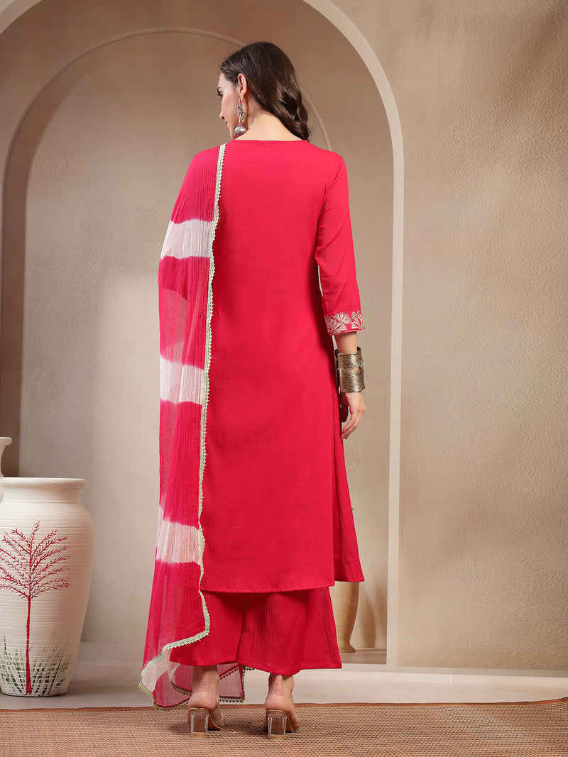 Stylum Women's Pink Solid & Embroidered Crepe A-Line Kurta Palazzo Dupatta Set (KPDPINKMALA)