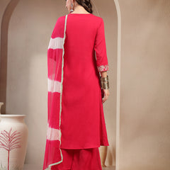 Stylum Women's Pink Solid & Embroidered Crepe A-Line Kurta Palazzo Dupatta Set (KPDPINKMALA)
