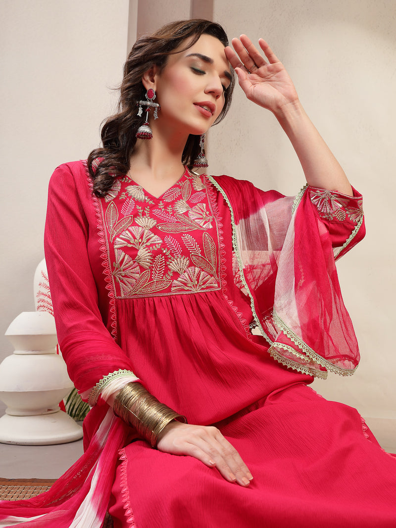 Stylum Women's Pink Solid & Embroidered Crepe A-Line Kurta Palazzo Dupatta Set (KPDPINKMALA)