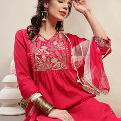 Stylum Women's Pink Solid & Embroidered Crepe A-Line Kurta Palazzo Dupatta Set (KPDPINKMALA)