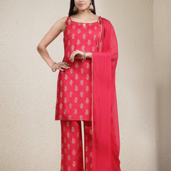 Stylum Women's Paisley Printed Rayon Sleeveless Straight Kurta Palazzo Dupatta Set (KPDPINKMALIKA)