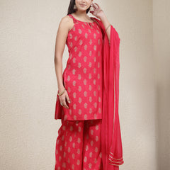 Stylum Women's Paisley Printed Rayon Sleeveless Straight Kurta Palazzo Dupatta Set (KPDPINKMALIKA)