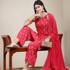 Stylum Women's Paisley Printed Rayon Sleeveless Straight Kurta Palazzo Dupatta Set (KPDPINKMALIKA)