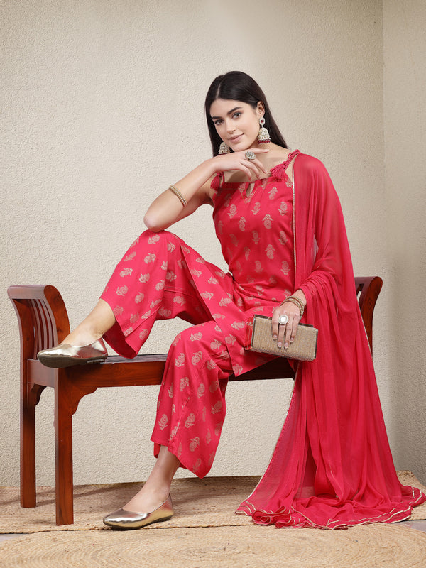 Stylum Women's Paisley Printed Rayon Sleeveless Straight Kurta Palazzo Dupatta Set (KPDPINKMALIKA)
