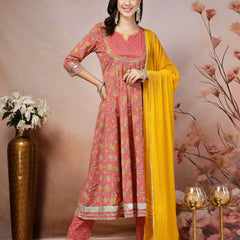 Stylum Women's Pink Madhubani Printed Cotton Anarkali Kurta Pant Dupatta Set (KPDPINKMANVI)