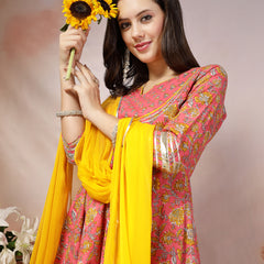 Stylum Women's Pink Madhubani Printed Cotton Anarkali Kurta Pant Dupatta Set (KPDPINKMANVI)