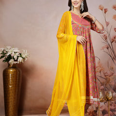 Stylum Women's Pink Madhubani Printed Cotton Anarkali Kurta Pant Dupatta Set (KPDPINKMANVI)