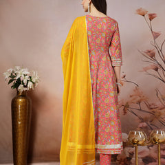 Stylum Women's Pink Madhubani Printed Cotton Anarkali Kurta Pant Dupatta Set (KPDPINKMANVI)
