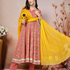 Stylum Women's Pink Madhubani Printed Cotton Anarkali Kurta Pant Dupatta Set (KPDPINKMANVI)