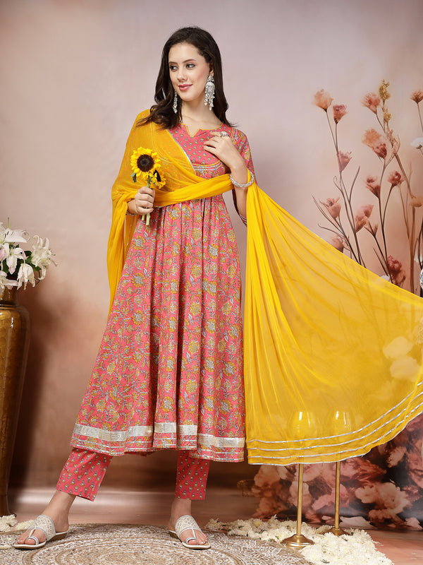 Stylum Women's Pink Madhubani Printed Cotton Anarkali Kurta Pant Dupatta Set (KPDPINKMANVI)