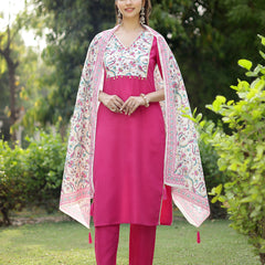 Stylum Women's Pink Printed & Solid Cotton Straight Kurta Pant Dupatta Set (KPDPINKMISHTI)