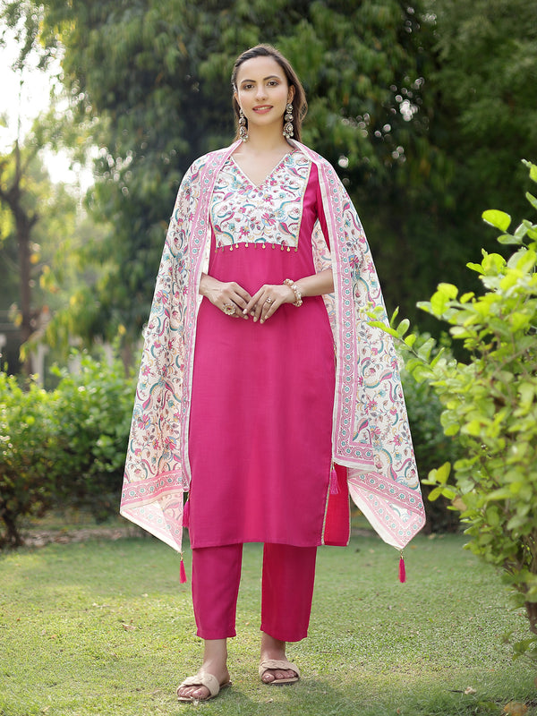 Stylum Women's Pink Printed & Solid Cotton Straight Kurta Pant Dupatta Set (KPDPINKMISHTI)
