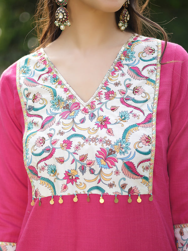 Stylum Women's Pink Printed & Solid Cotton Straight Kurta Pant Dupatta Set (KPDPINKMISHTI)