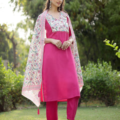 Stylum Women's Pink Printed & Solid Cotton Straight Kurta Pant Dupatta Set (KPDPINKMISHTI)