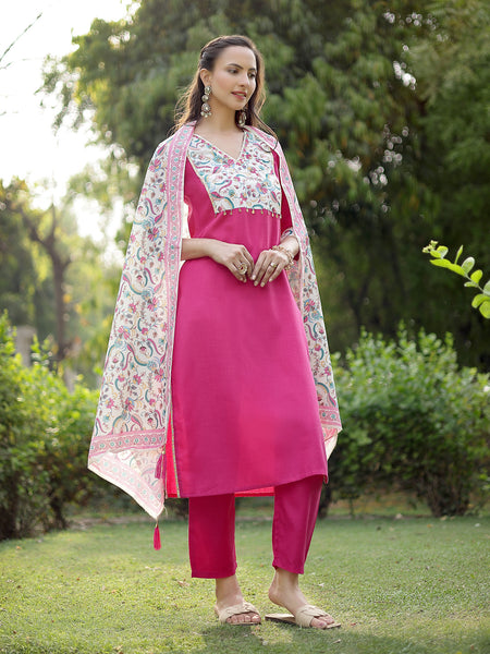 Stylum Women's Pink Printed & Solid Cotton Straight Kurta Pant Dupatta Set (KPDPINKMISHTI)