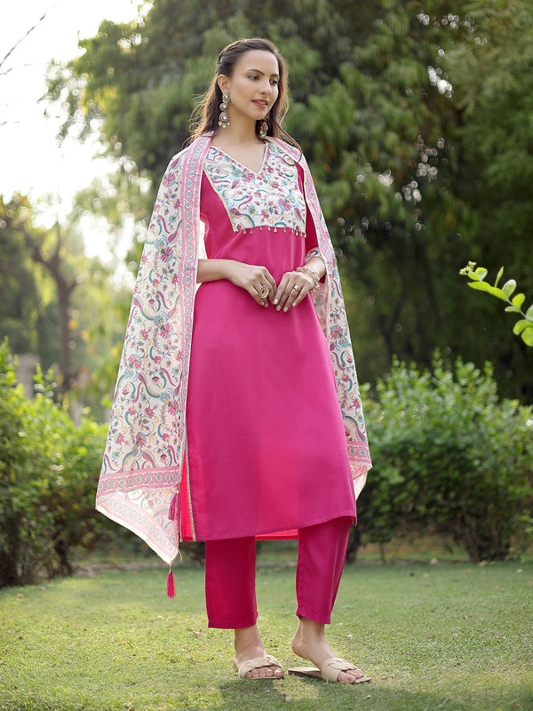Stylum Women's Pink Printed & Solid Cotton Straight Kurta Pant Dupatta Set (KPDPINKMISHTI)