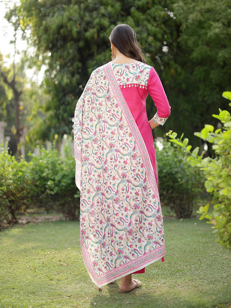 Stylum Women's Pink Printed & Solid Cotton Straight Kurta Pant Dupatta Set (KPDPINKMISHTI)