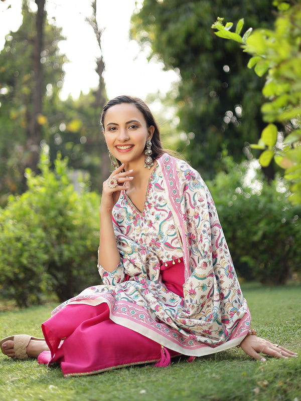 Stylum Women's Pink Printed & Solid Cotton Straight Kurta Pant Dupatta Set (KPDPINKMISHTI)