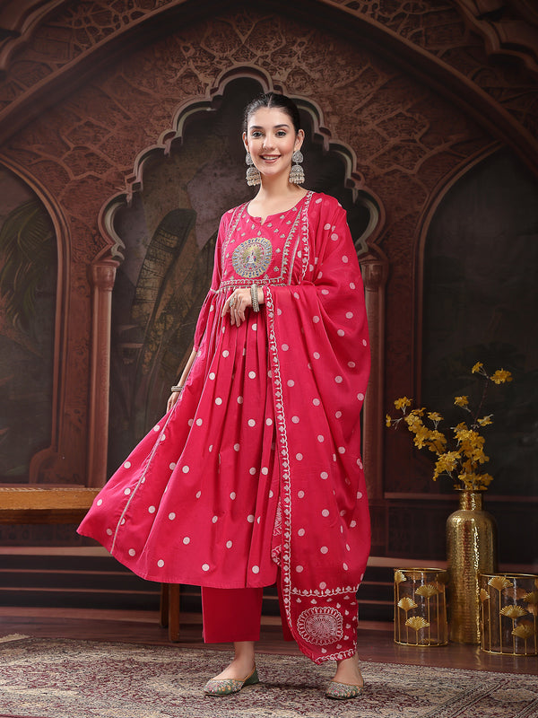 Stylum Women's Pink Printed & Embroidered Cotton Flared Kurta Palazzo Dupatta Set (KPDPINKMORE)