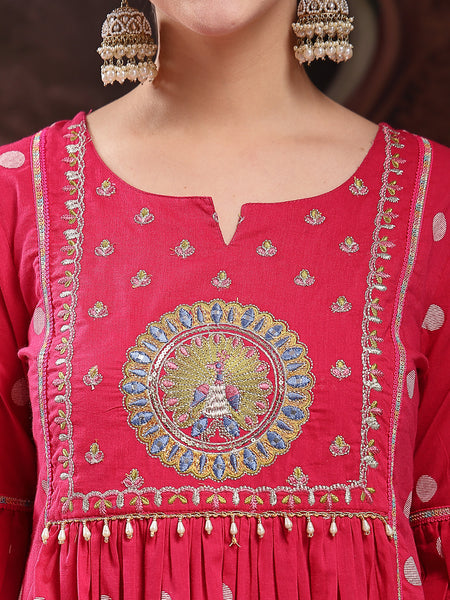 Stylum Women's Pink Printed & Embroidered Cotton Flared Kurta Palazzo Dupatta Set (KPDPINKMORE)