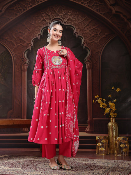 Stylum Women's Pink Printed & Embroidered Cotton Flared Kurta Palazzo Dupatta Set (KPDPINKMORE)