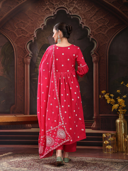 Stylum Women's Pink Printed & Embroidered Cotton Flared Kurta Palazzo Dupatta Set (KPDPINKMORE)